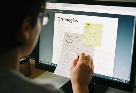 CV profesional en pantalla siendo revisado y ajustado, enfocado en optimización de CV y mejora para procesos de búsqueda de empleo.