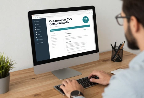 Persona trabajando en un curriculum vitae digital desde su computadora, aplicando Servicios de Optimización para mejorar estructura y contenido profesional.