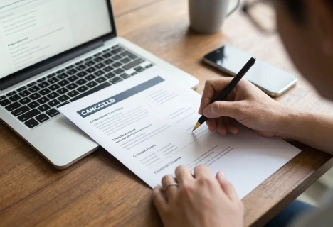 Manos redactando curriculum vitae en papel, revisando información clave para evitar errores en el CV y fortalecer el perfil profesional.