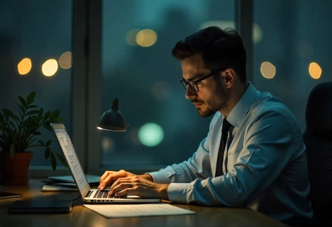 Profesional trabajando en resumen digital de noche, enfocado en búsqueda de empleo, crecimiento laboral y planificación de un Salto Profesional.