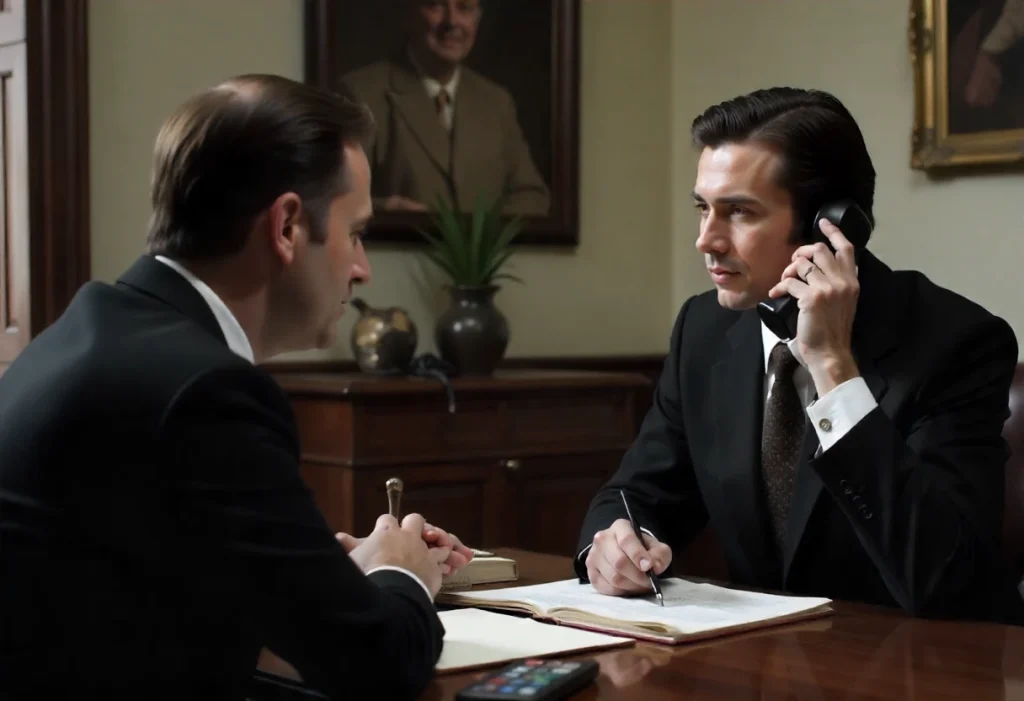 Dos ejecutivos conversan en una entrevista y a su vez por llamada telefónica dentro de una agencia de reclutamiento profesional.