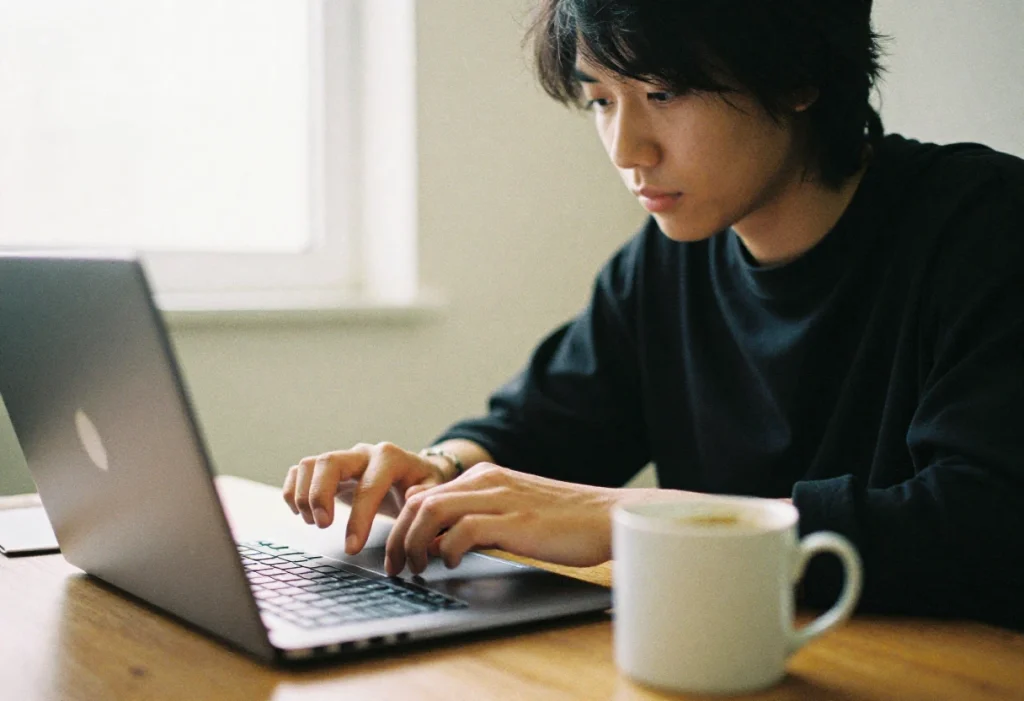 Un joven candidato está trabajando en su laptop mientras revisa las vacantes y opciones para conocer como encontrar empleo fácil.