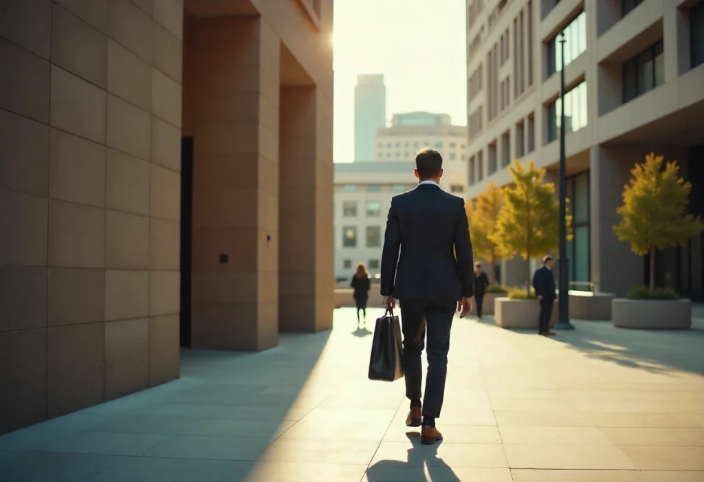 Un profesional está caminando con un portafolio hacia unas oficinas para llevar a cabo un proceso de selección de personal empresarial.