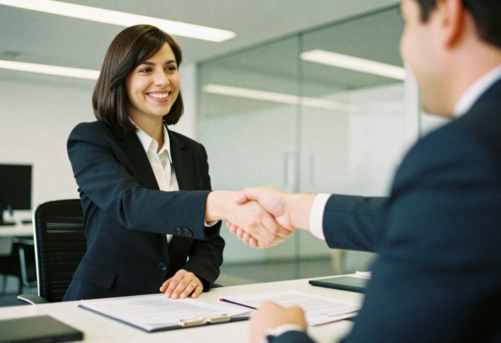 Saludo de manos entre dos personas dentro de una empresa tras el proceso de selección y posicionamiento de marca personal.