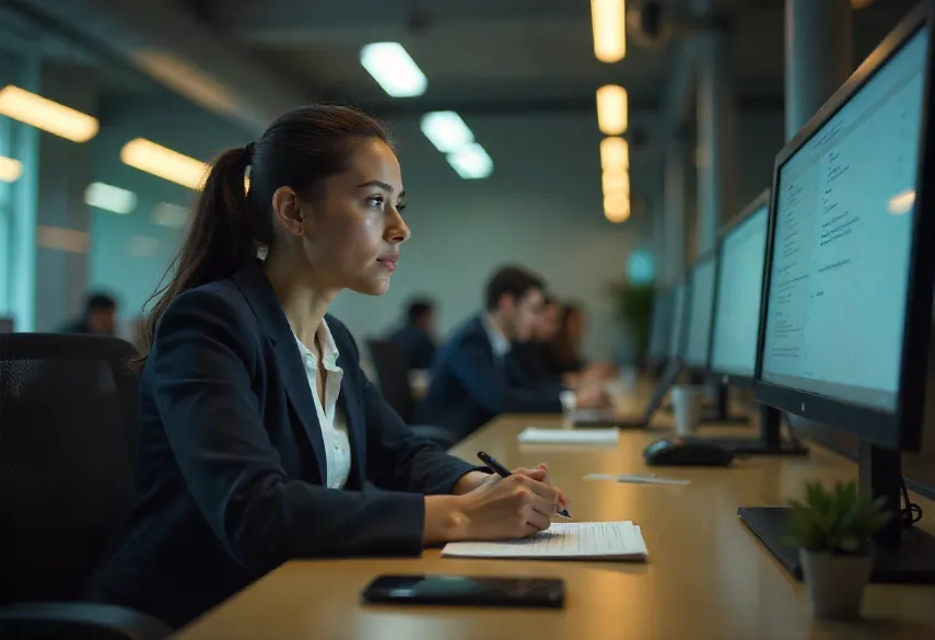 Salto Profesional de profesionista concentrada trabajando en oficina moderna como parte de un proceso estratégico de desarrollo y crecimiento laboral.