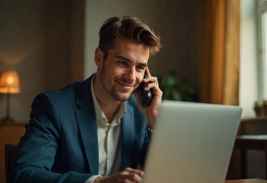 Profesional hablando por teléfono luego de avanzar en la busqueda de empleo por internet y recibir una propuesta laboral positiva.