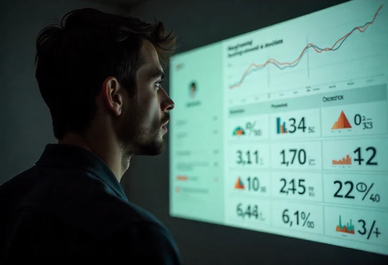 Un profesional observa el panel de métricas y resultados para selección de personal, posicionamiento de marca y evaluación de talento.
