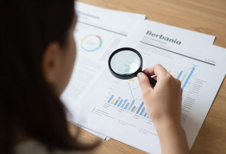 Una persona usa una lupa sobre reportes gráficos para optimización de talento, visibilidad de marca y decisiones de selección profesional.