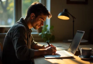 Un especialista trabaja en su computadora desarrollando una marca personal, planificación de salto profesional y definición de pretensión salarial adecuada.