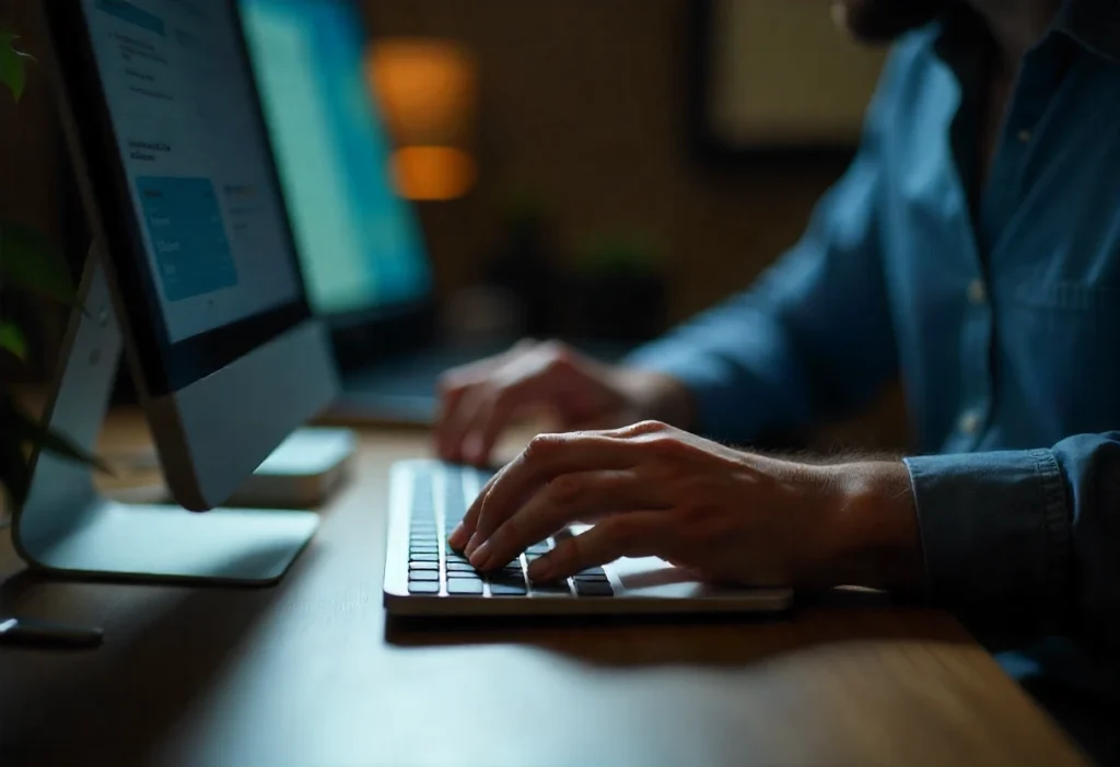 Una persona está escribiendo en su teclado, mejorando optimización de Perfil de LinkedIn y posicionamiento de marca para crecimiento profesional.