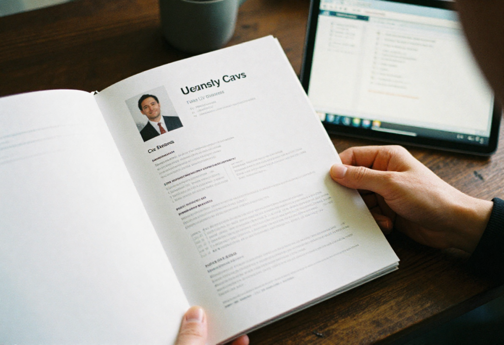 Un documento de perfil laboral abierto muestra datos de experiencia, optimización CV Profesional y estrategia de optimización de talento aplicada.