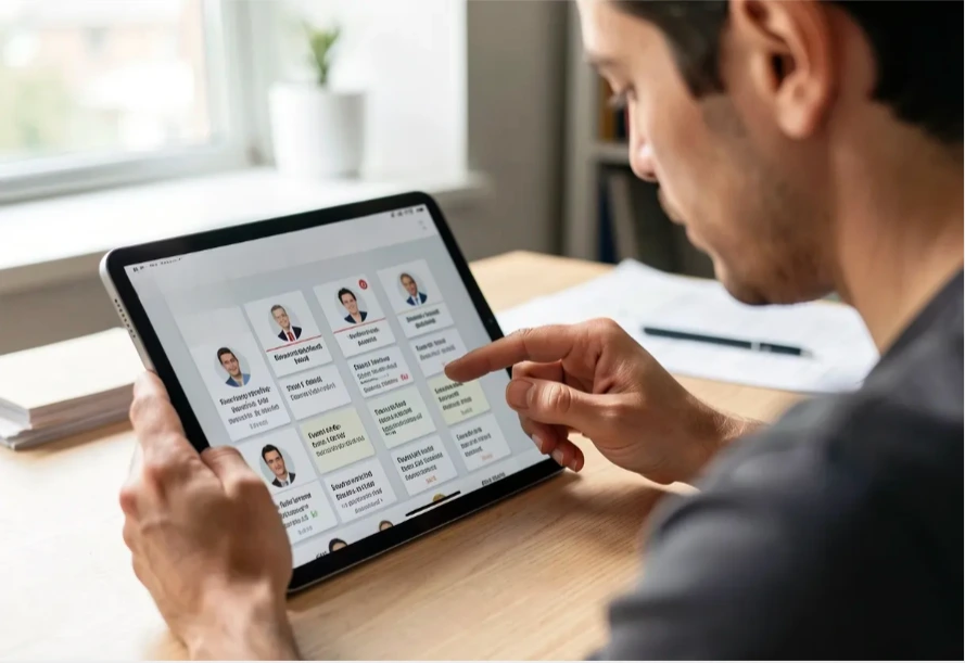 Un profesional está evaluando perfiles en una tablet mediante los filtros ATS para optimizar decisiones dentro del proceso de contratación.
