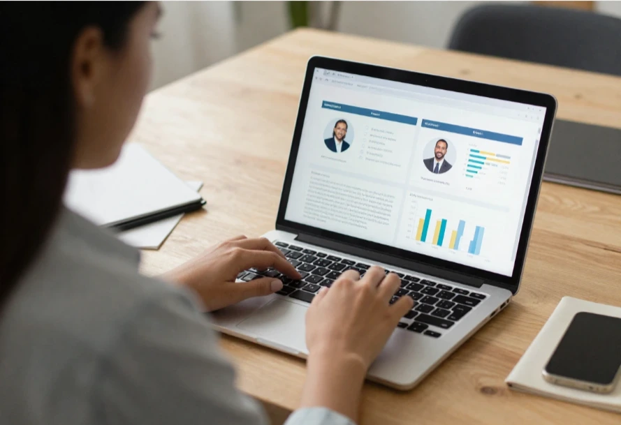 Un reclutador está trabajando en su laptop con un panel de candidatos y métricas de selección en un entorno corporativo.