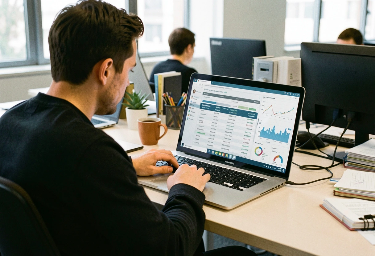 Un profesional que está trabajando en la computadora con gráficos y datos relacionados con la gestión de candidatos y contratación.