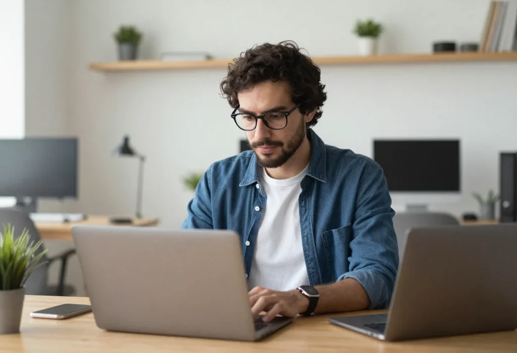 Desarrollador Web concentrado programando código Frontend y Backend mientras revisa empleos para profesionales en computadora portátil.