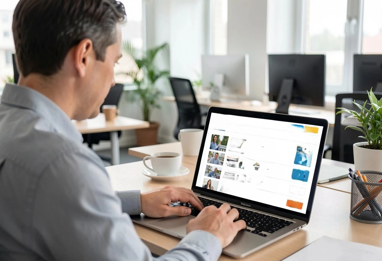 Un hombre está consultando nuevo empleo en portal digital evaluando pagos y salarios dentro de su área de desarrollo profesional.