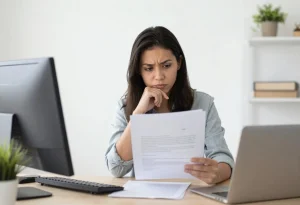 Una mujer está revisando un documento de vacantes de empleo considerando las jornadas laborales, pagos y salarios antes de postularse.