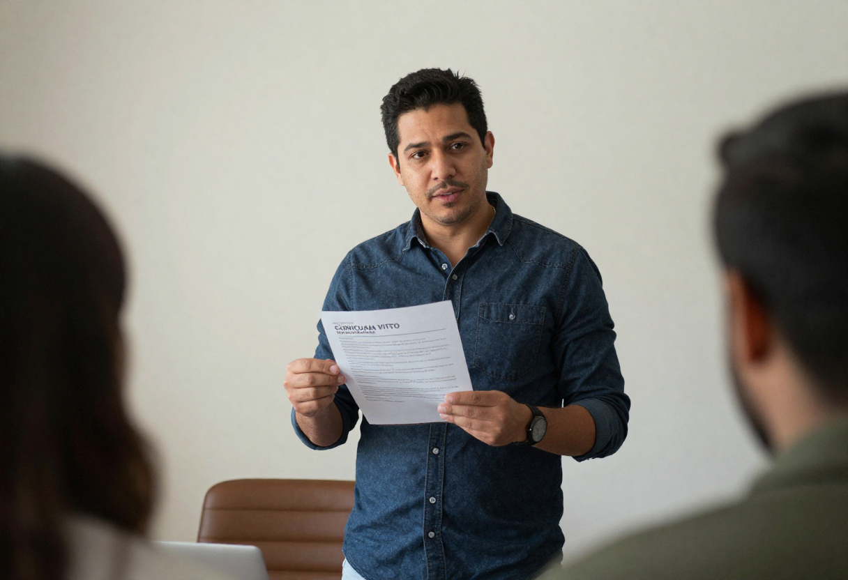 Una persona explicando errores comunes en un CV frente a un grupo, destacando la formación profesional y claridad del perfil.