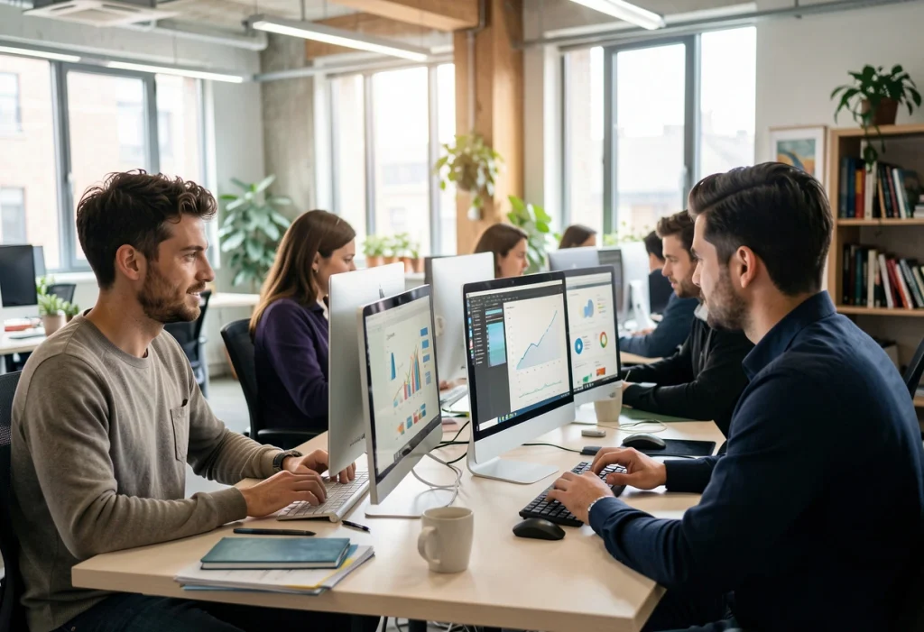 Profesionales están trabajando en marketing digital frente a las computadoras, analizando las métricas y las estrategias en un entorno colaborativo.