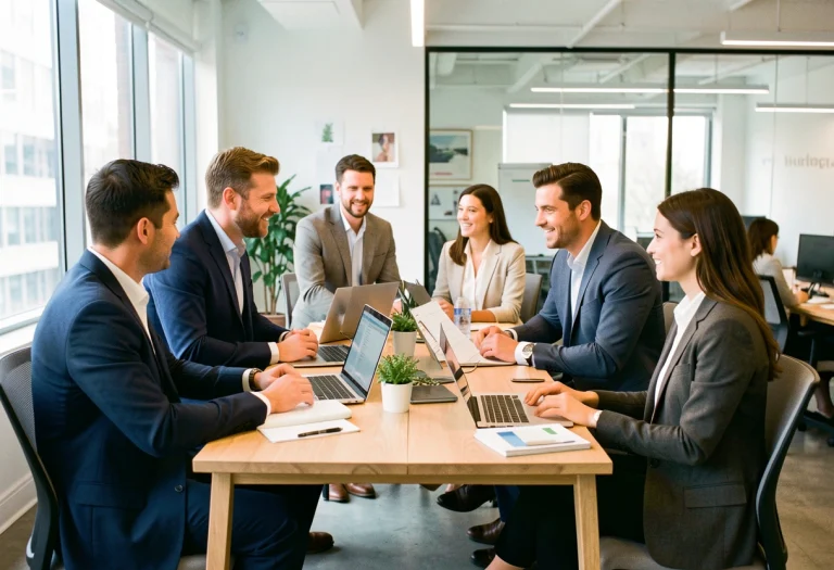 Un equipo directivo está planificando las estrategias en las agencias de marketing, analizando las vacantes profesionales y los objetivos digitales.