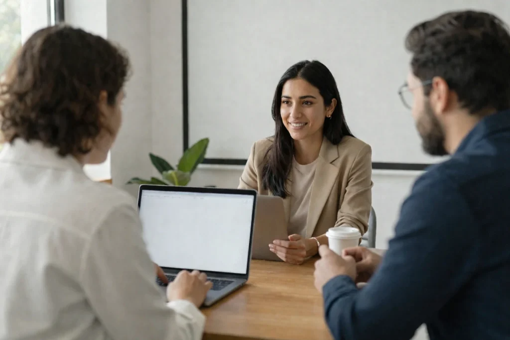 Una reclutadora mostrando una presentación sobre los empleos actuales en marketing digital durante una entrevista profesional dentro de una oficina.