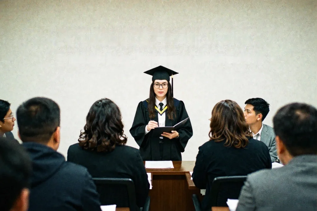Una persona con toga presenta información frente a asistentes en una sesión de capacitación de empresas de reclutamiento de personal.
