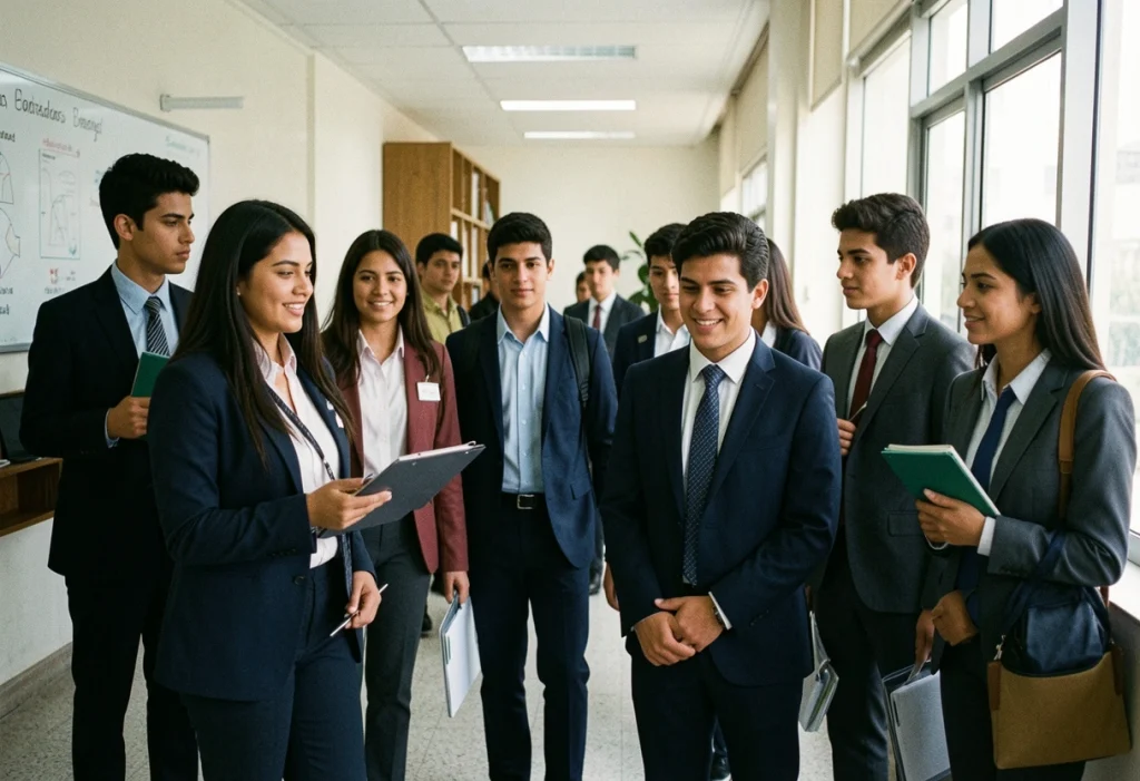 Un grupo de candidatos camina en una oficina guiados por evaluadora en proceso típico de agencia de reclutamiento de personal.