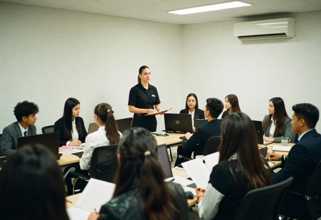 Personas en una oficina prestando atención a un ponente durante una sesión de servicios de recursos humanos y formación profesional.