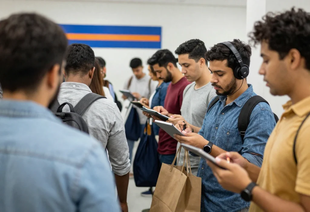 Personas utilizando celulares para revisar plataformas de reclutamiento y nuevas oportunidades laborales dentro de bolsa de trabajo en espacios públicos.