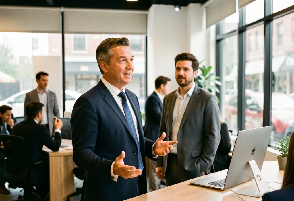 Profesionales conversan sobre las oportunidades de trabajo para becarios y crecimiento laboral dentro de empresa durante proceso de selección corporativo.