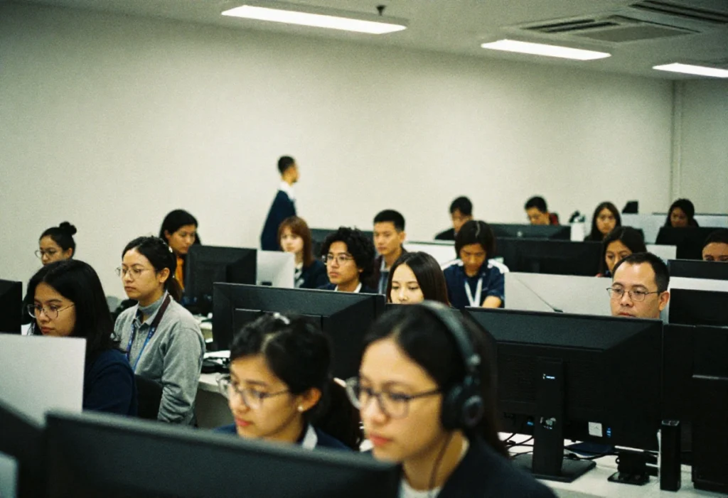 Un grupo en un aula tecnológica participando en capacitación enfocada en trabajo para becarios con atención y uso de computadoras.