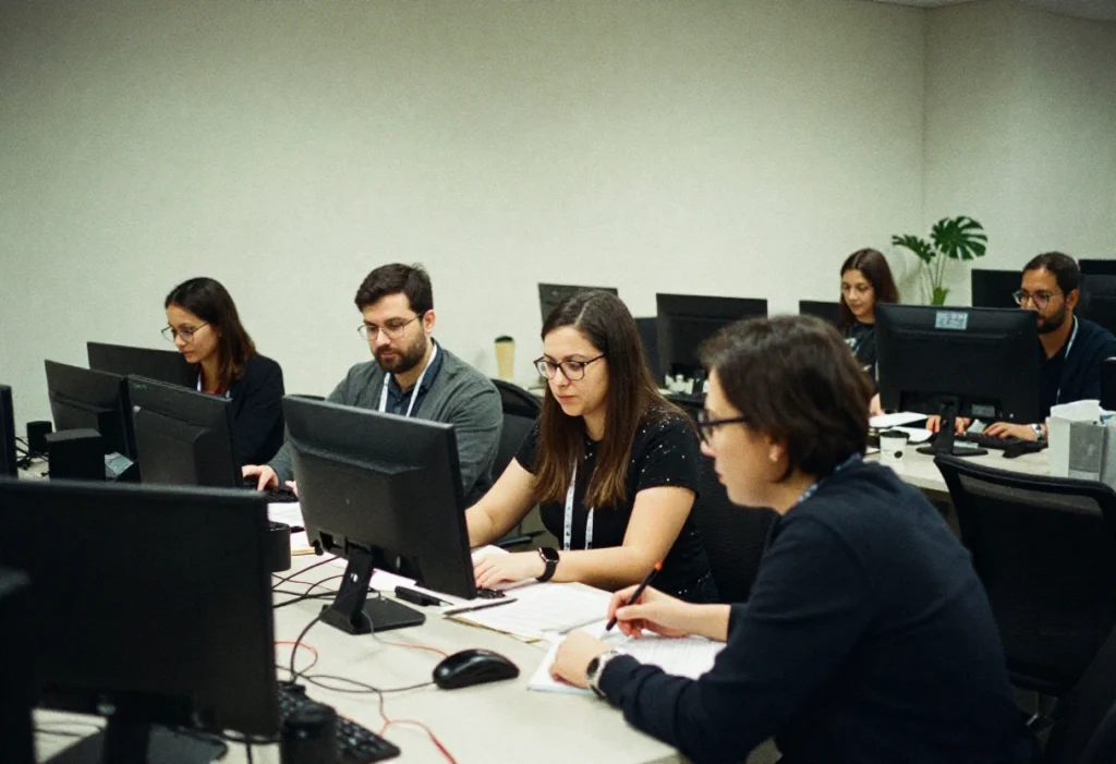 Profesionales están trabajando concentrados en sus computadoras dentro de las principales empresas con un entorno laboral moderno y bien organizado.