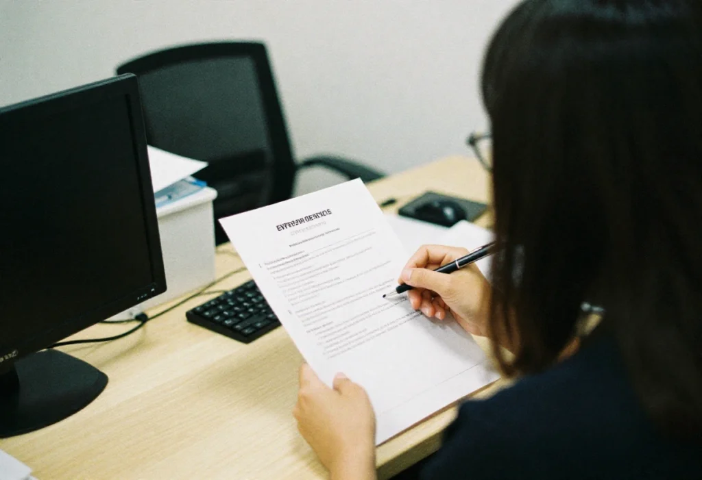 Profesional revisa los documentos con pluma durante entrevista laboral mientras analiza perfil del candidato y posibles debilidades en una entrevista.