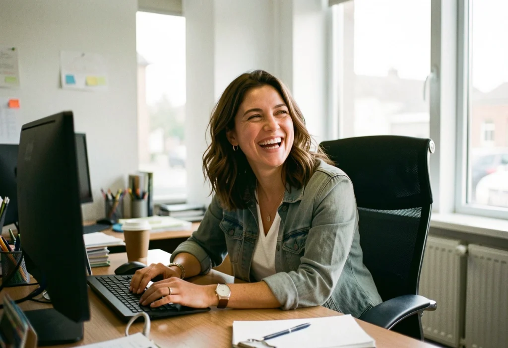 Un profesional joven sonríe mientras trabaja en su computadora dentro de oficina buscando obtener empleo y generar ejemplos experiencia laboral.