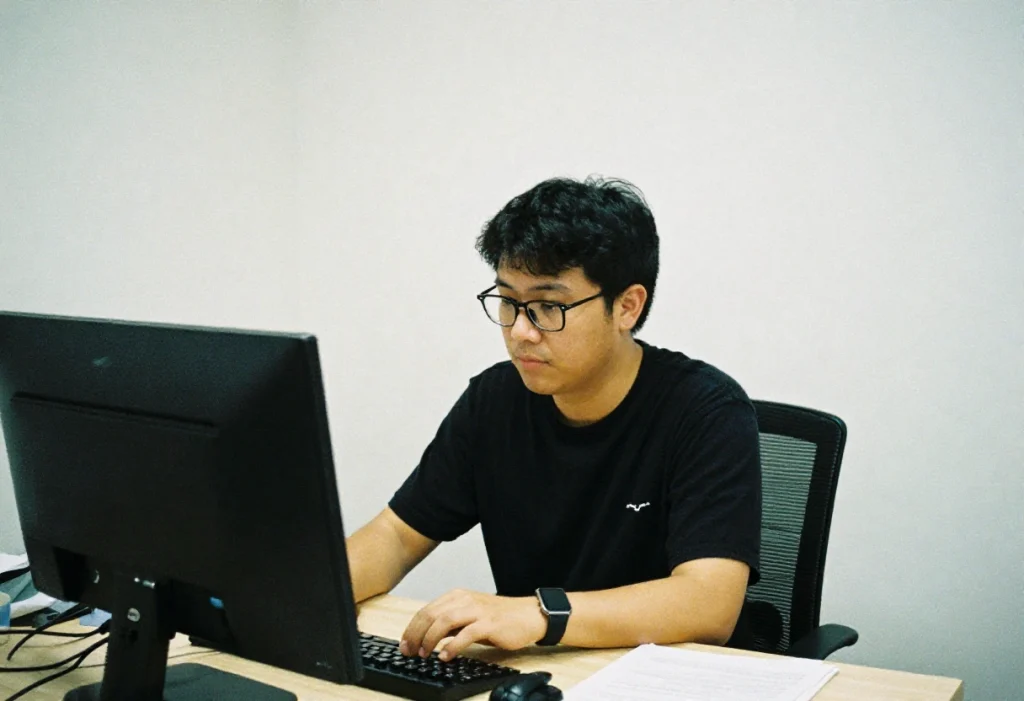 Un estudiante trabaja concentrado frente a su computadora mientras busca trabajo para becarios o posición como becario sistemas en empresa.