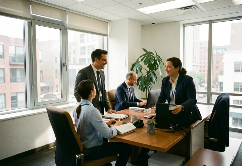 Equipo profesional conversa durante reunión laboral analizando candidatos y oportunidades en empleos actuales para becario de ingenieria o trabajo social.